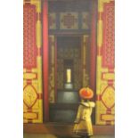 Modern oil on canvas, the boy emperor standing before the doors to the Imperial Palace, indistinctly