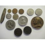 Churchill bronze medallion, two cartwheel pennies, miscellaneous other medallions and coins etc.