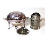 Oval silver plated roll-over breakfast dish, together with an oval plated entrée dish, bottle