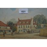 M. Pieterson? watercolour view of a public house with figures & horse-drawn cart to the