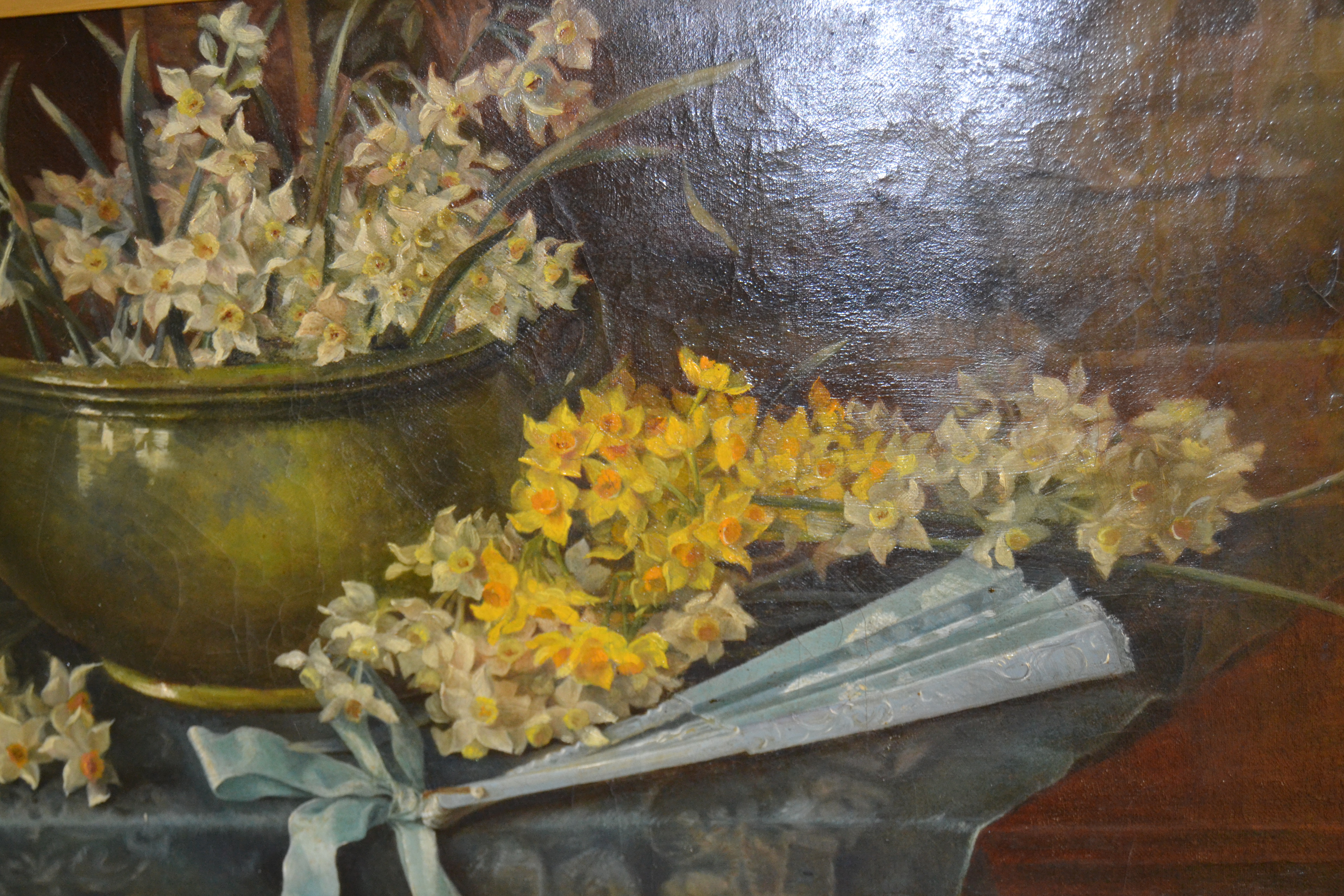 Late 19th / early 20th Century English school, oil on canvas, still life with daffodils, two handled