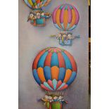 Roybal, 20th Century oil on canvas, musicians in three hot air balloons, signed 48ins x 24ins,