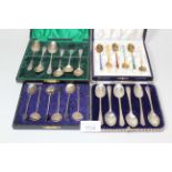 Cased set of Danish sterling silver and enamel decorated coffee spoons, together with three other