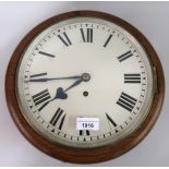 Oak cased circular wall clock, the painted 10in dial with Roman numerals and single train fusee