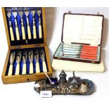 Plated three piece condiment set on tray, oak cased set of six plated fish knives and two other