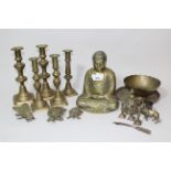 Brass buddha figure, together with a quantity of other metalware