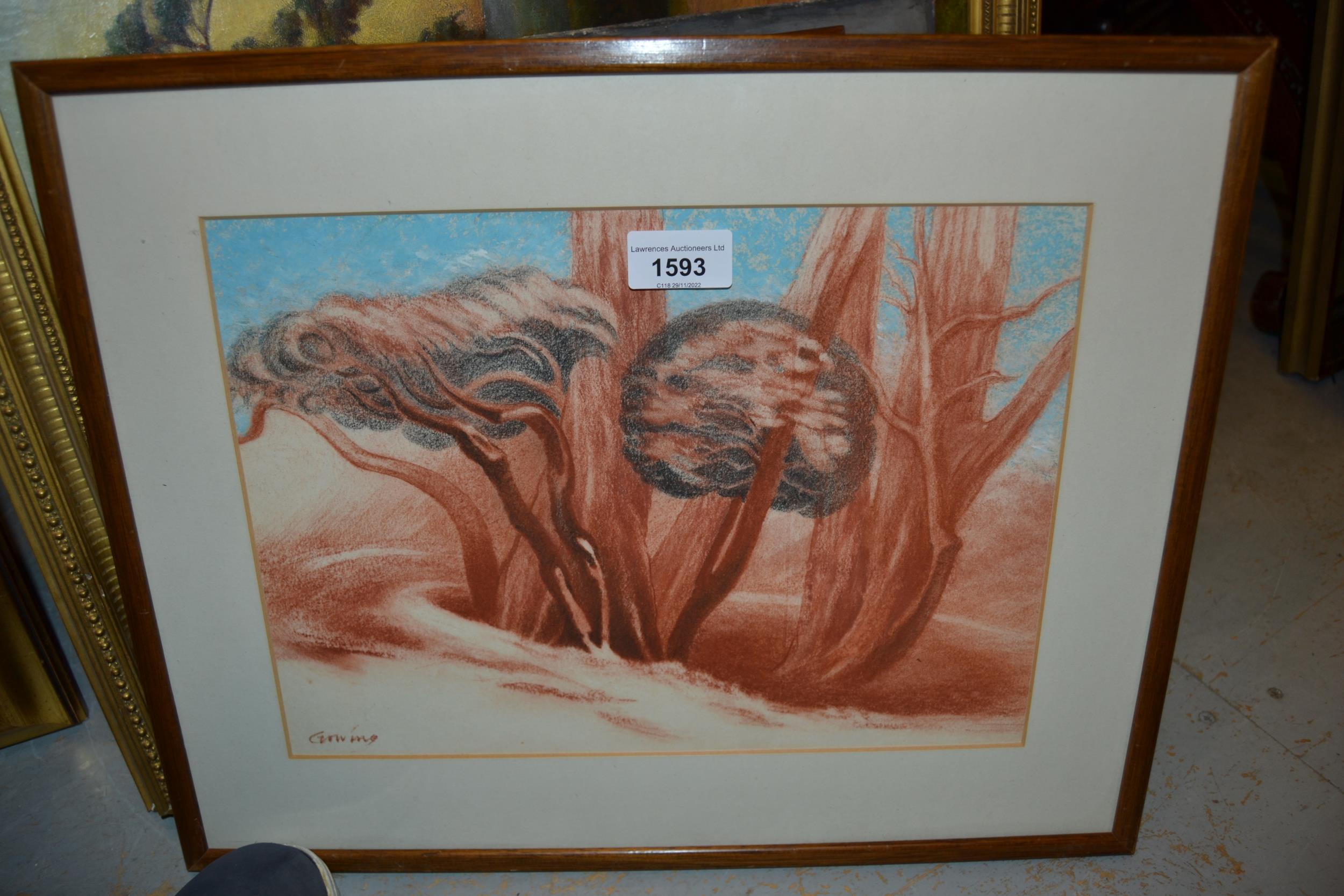 Sir Lawrence Gowing, signed pastel drawing, surrealist study of trees, 9.5ins x 13ins - Image 2 of 2