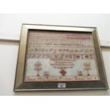 19th Century alphabet and pictorial sampler by Sarah Ann Russell, Newport Pagnell, 1856, 18ins x