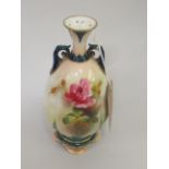 Royal Worcester J. Hadley, monogrammed vase of lobed baluster two handled form, painted with red and