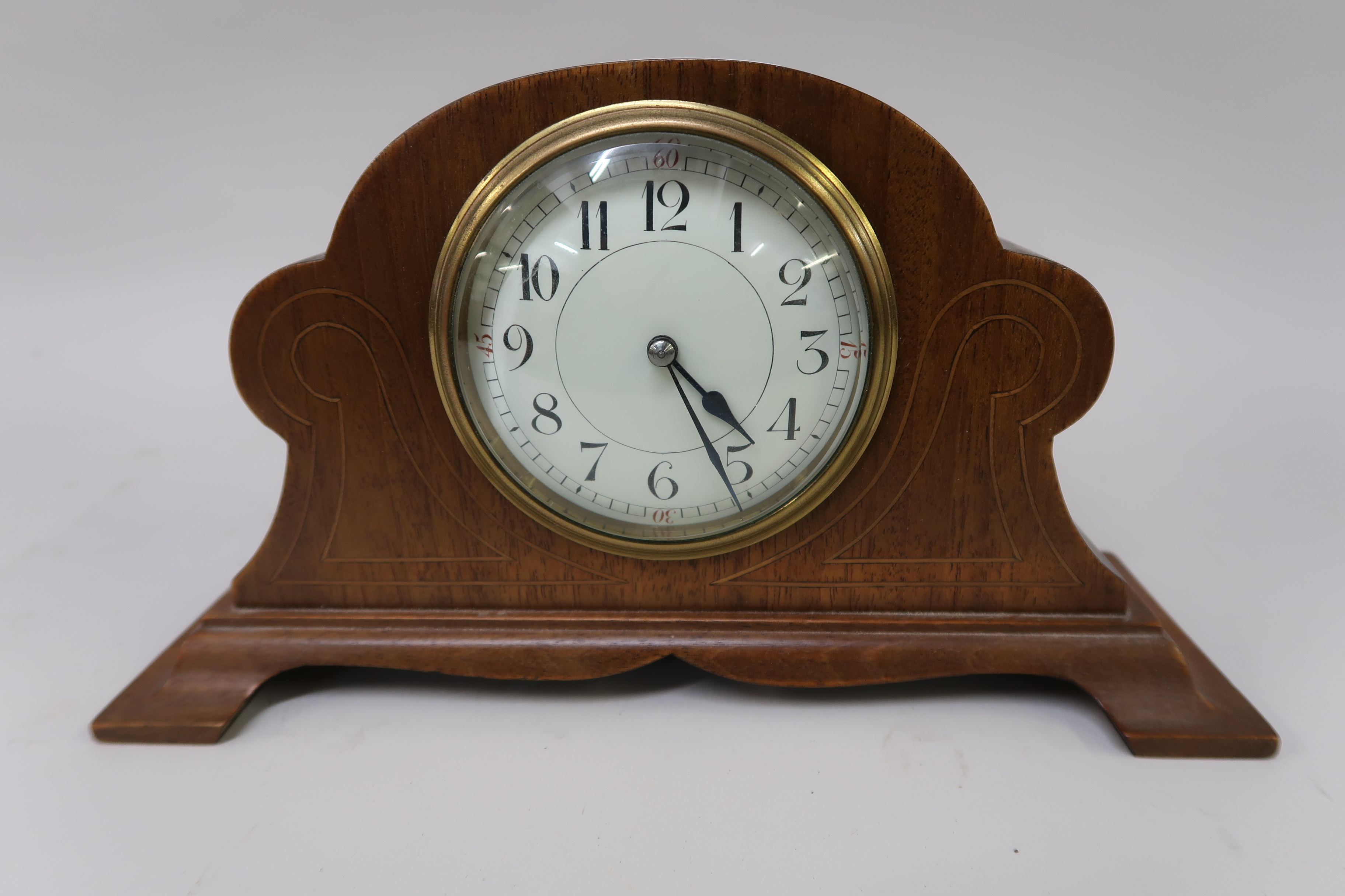 Edwardian mahogany and inlaid dome shaped mantel clock