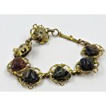 Gilt metal and filigree work bracelet set Blue John and other agates, 18cms overall