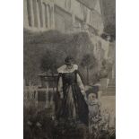 Monocrome watercolour, portrait of a young lady and child by a garden border, 10.5ins x 8ins