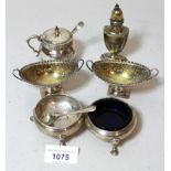 Pair of Victorian silver two handled pedestal salts, pair of silver open salts, and another silver