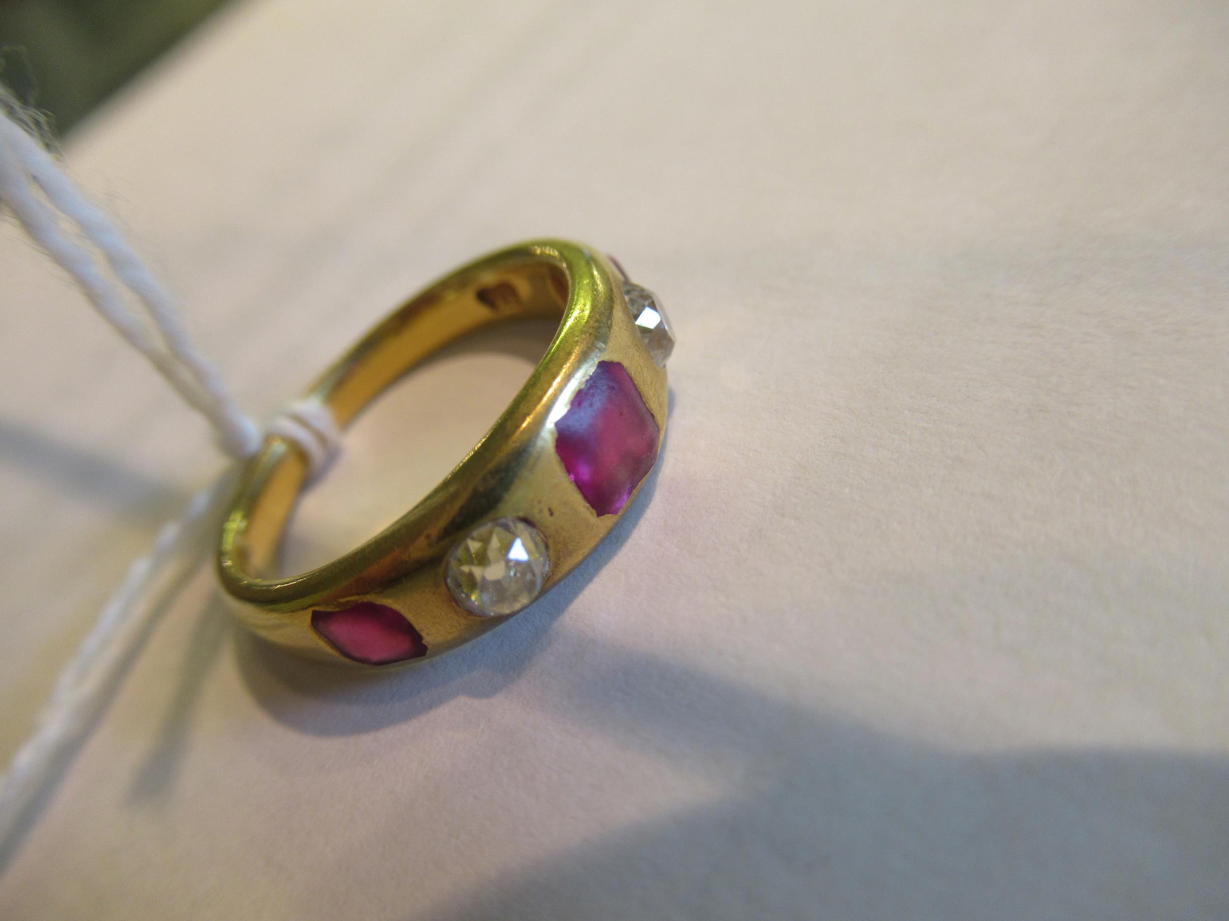 19th Century gold five stone ruby and diamond set gypsy ring, 6g, size 'K.5' Only marked JL. Some - Image 4 of 5