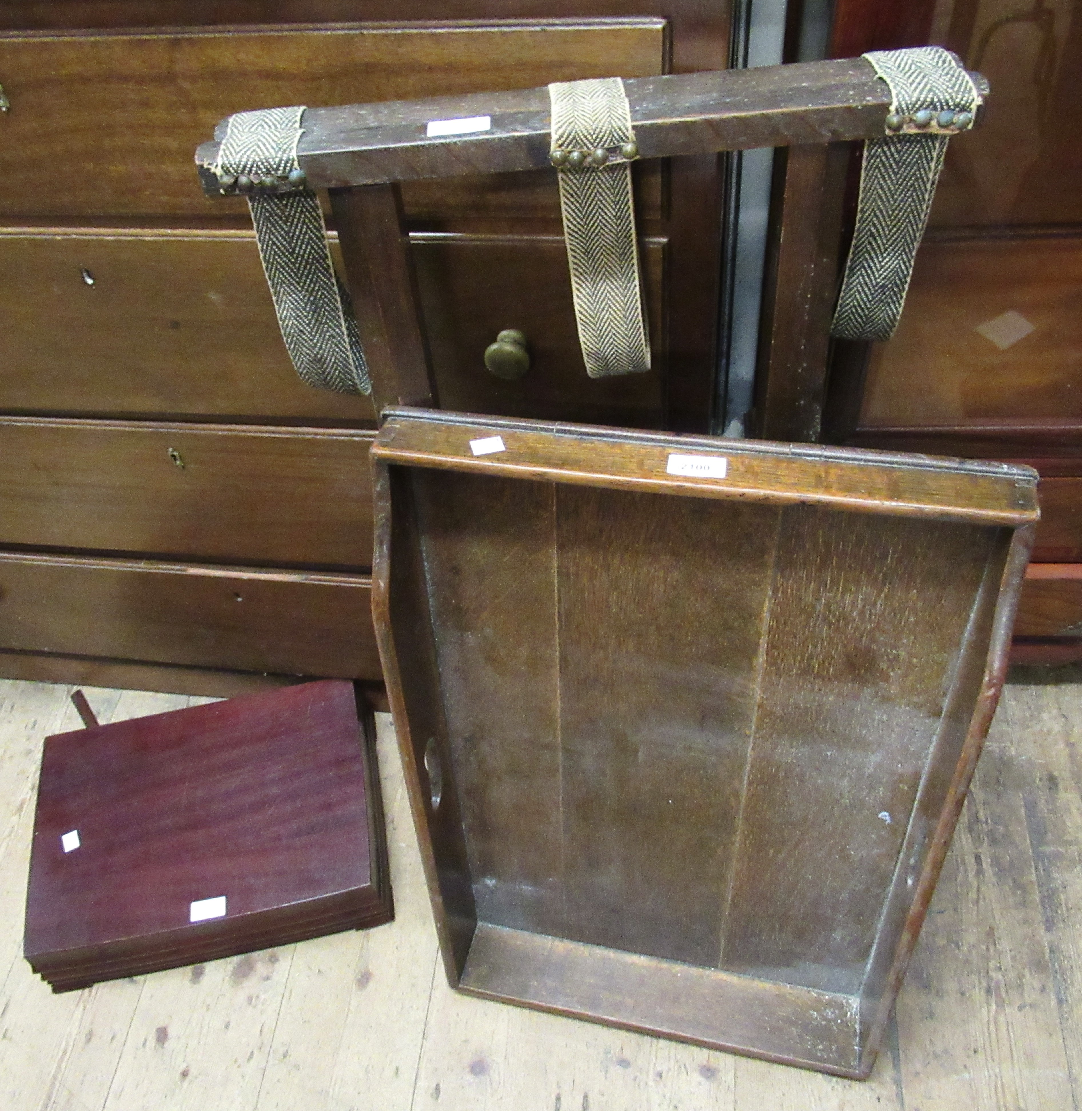 19th Century oak butlers tray on a folding stand, together with a mahogany canteen box