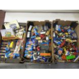 Three boxes containing a large collection of various Matchbox, Corgi and other diecast model