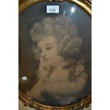 Good quality oval gilded composition frame housing a print of a lady, together with another