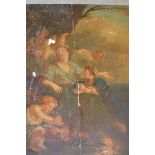 18th / 19th Century oil on panel, (in two parts) allegorical scene with the Madonna and attendant