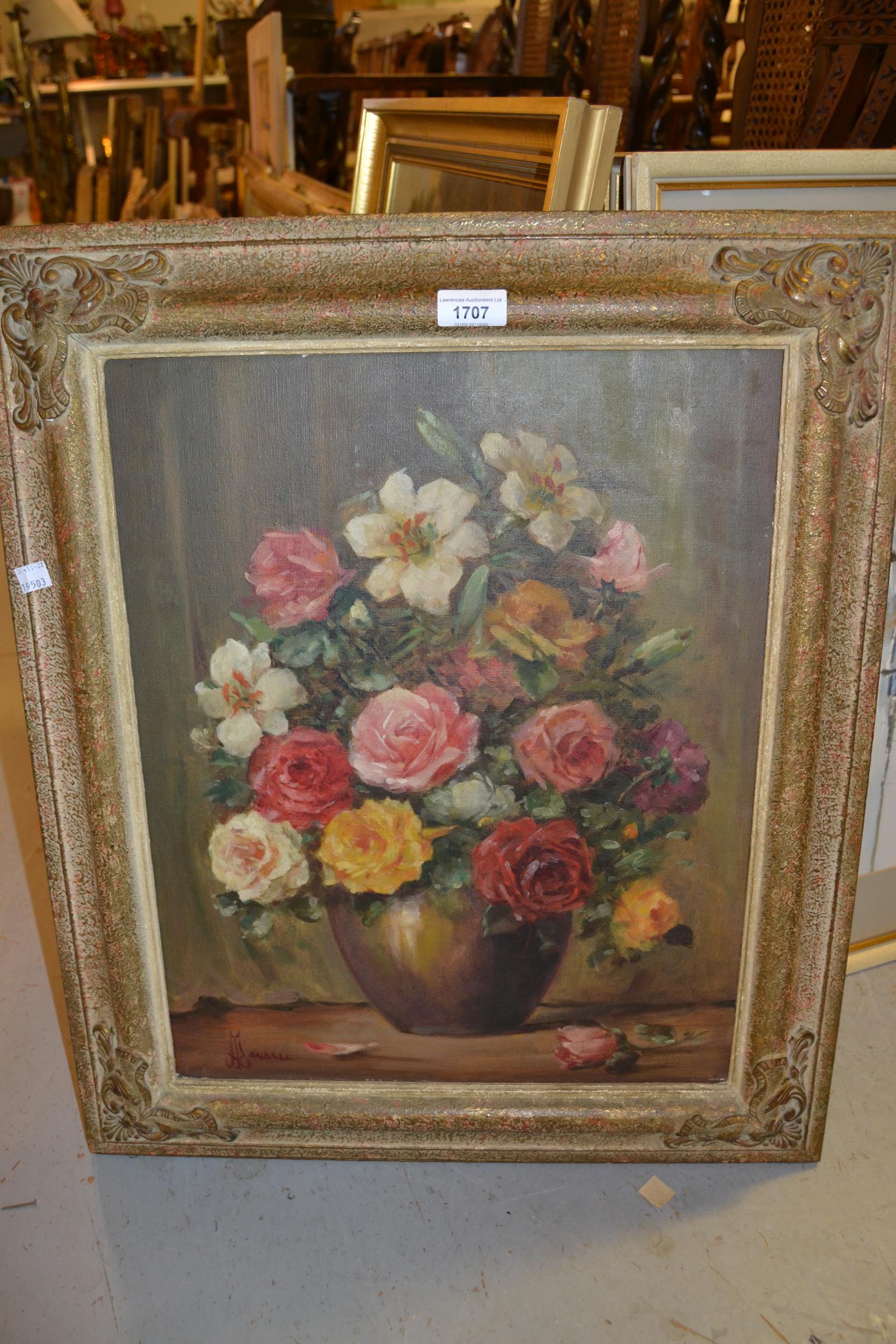 A. Randall, 20th Century oil on canvas, still life vase of flowers, signed, 19ins x 15ins, giltl - Image 2 of 2