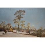 Oil on canvas, a moonlit winter scene with figure and dog approaching a cottage, signed Hawes, 16ins