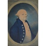 George III miniature watercolour portrait on card, of a bewigged gentleman in a blue overcoat,