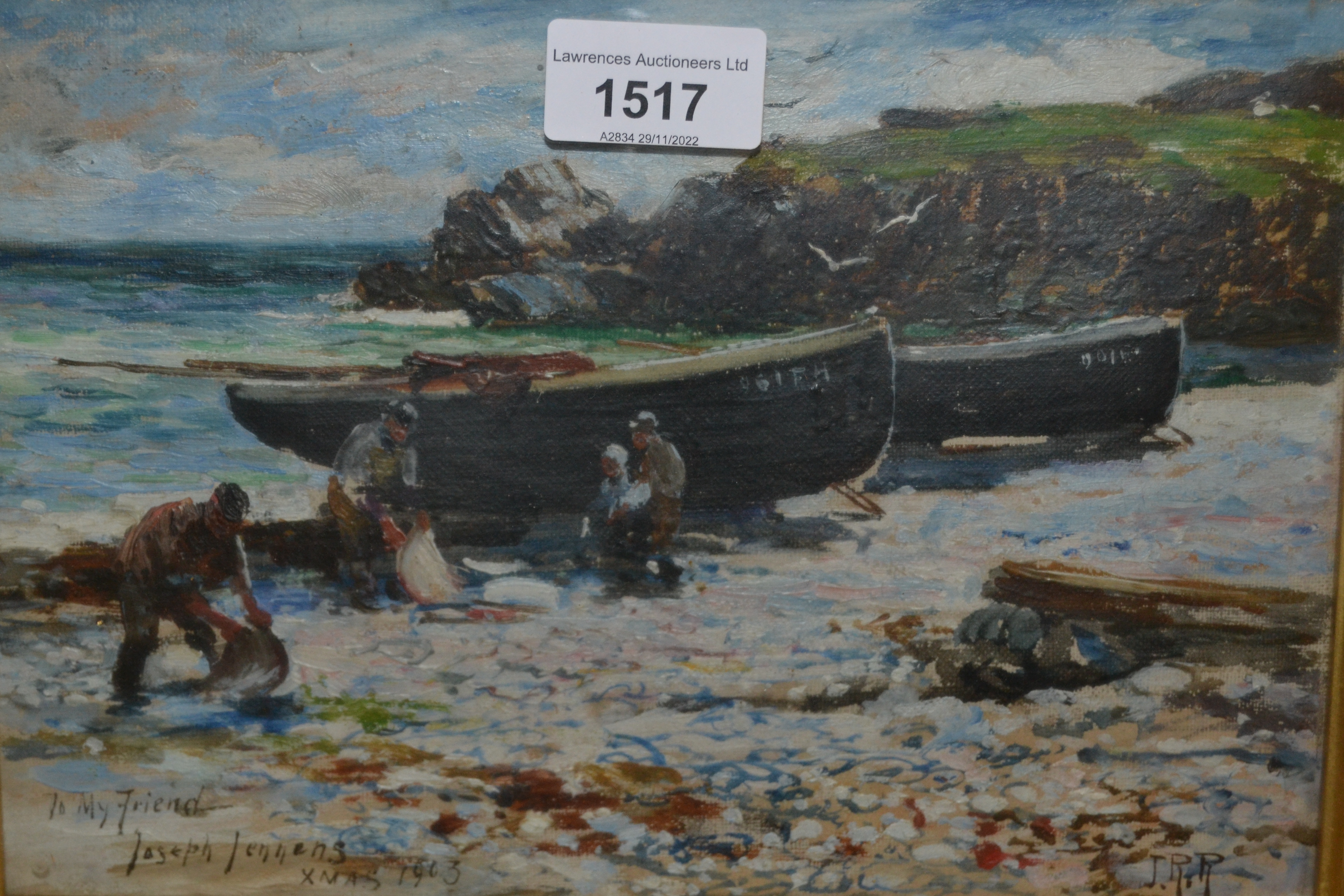 John Robertson Reid, oil on canvas, beach scene with figures and fishing boats, signed with initials