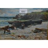 John Robertson Reid, oil on canvas, beach scene with figures and fishing boats, signed with initials