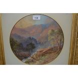 19th Century mixed media, view of a river valley at sunset, unsigned, 12ins diameter, gilt framed,