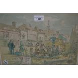 John Verney, ink and watercolour ' Danger Men At Work ', street scene with figures taking a tea