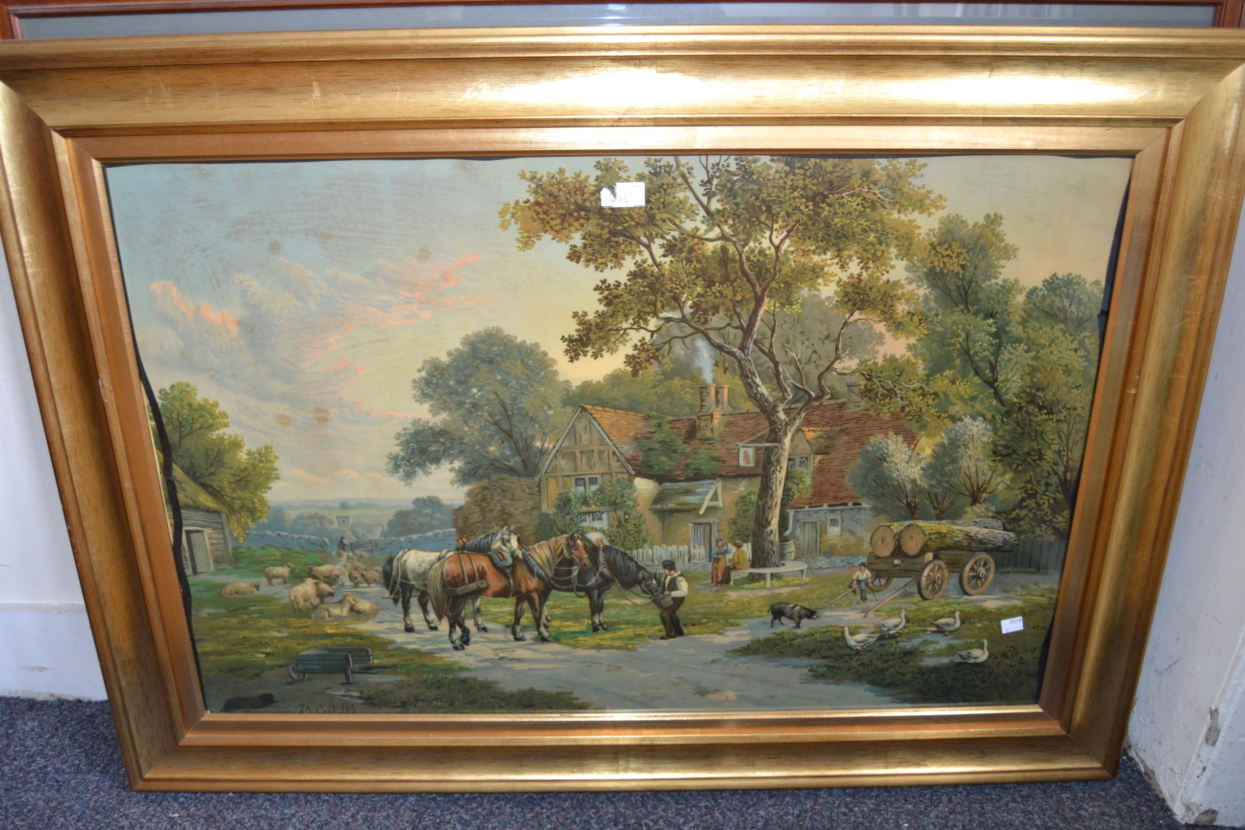 Pair of large gilt framed coloured prints, rural village scenes - Image 2 of 2