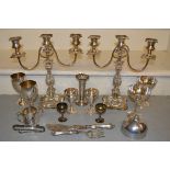 Pair of plated three light candelabra and other miscellaneous items of silver plate