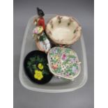 Small Moorcroft dish, two Dresden figures, miniature Capo di Monte vase of flowers and a Dresden