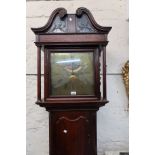 George III oak longcase clock, the square hood with swan neck pediment above a shaped door, the 14.