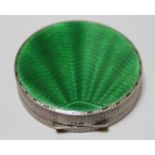 Small Mappin & Webb Birmingham silver and green translucent enamel circular compact, the hinged