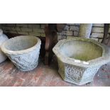 Octagonal Haddonstone type garden planter and another similar garden planter of woven basket design