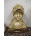 Small painted and gilded plaster head and shoulder bust of a girl, 12ins high
