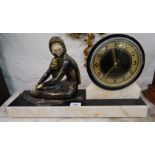 Art Deco black slate and white marble mantel clock with dark patinated gilt spelter and