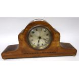 Edwardian walnut and inlaid mantel clock, the silvered dial with Roman numerals