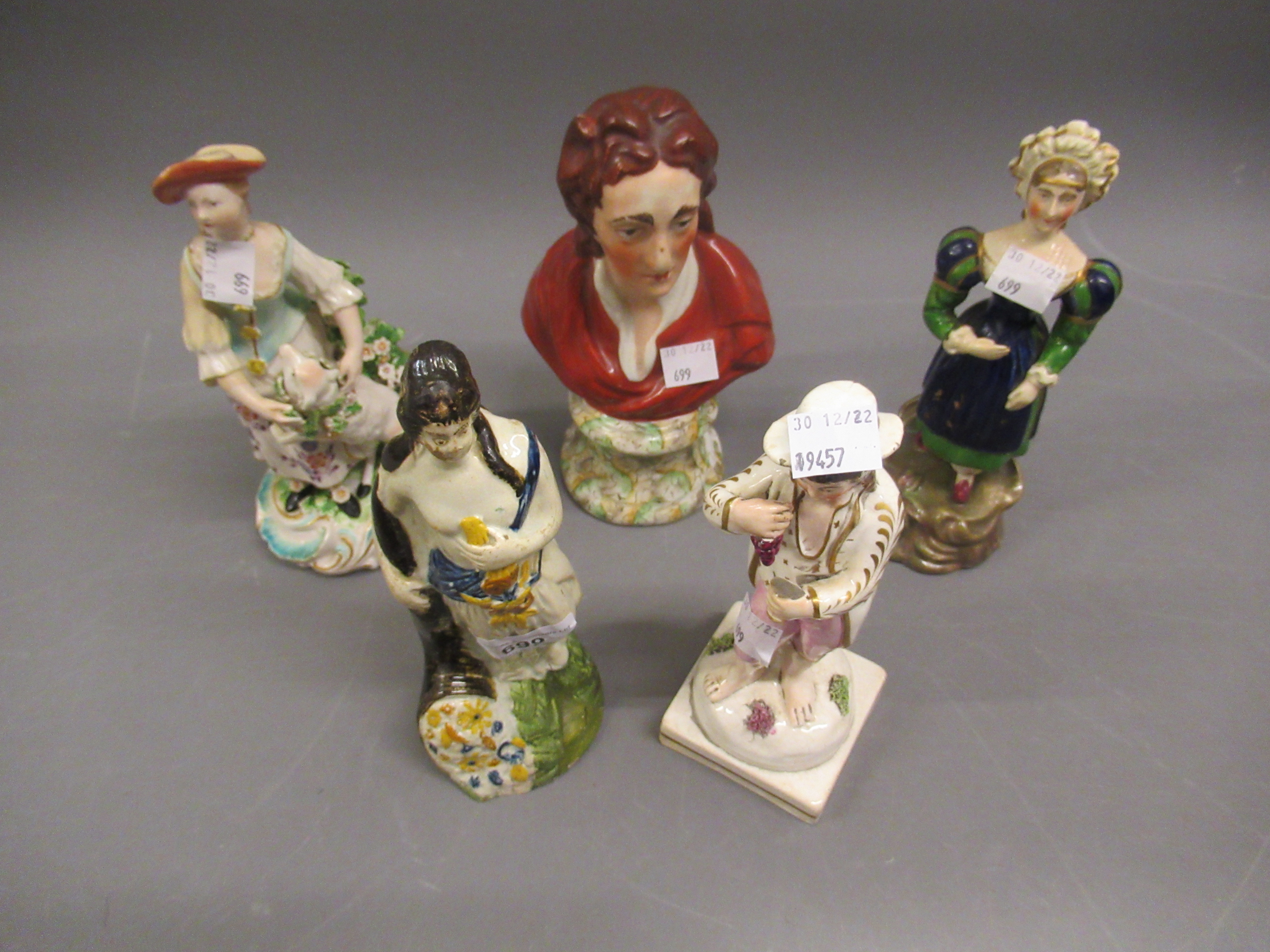 18th Century Derby figure of a lady, a Staffordshire type bust of Locke, together with three various