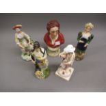 18th Century Derby figure of a lady, a Staffordshire type bust of Locke, together with three various