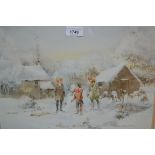 Douglas E. West, watercolour winter scene, with children building a snowman, signed, 11.5ins x