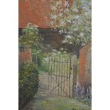 Angela Burfott, oil on board, a garden gate, signed and dated 1983, 9.5ins x 7.5ins, gilt framed