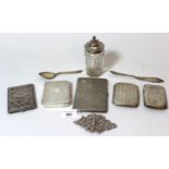 Four silver cigarette cases, silver preserve spoon and butter knife, 17.5 ounces, together with