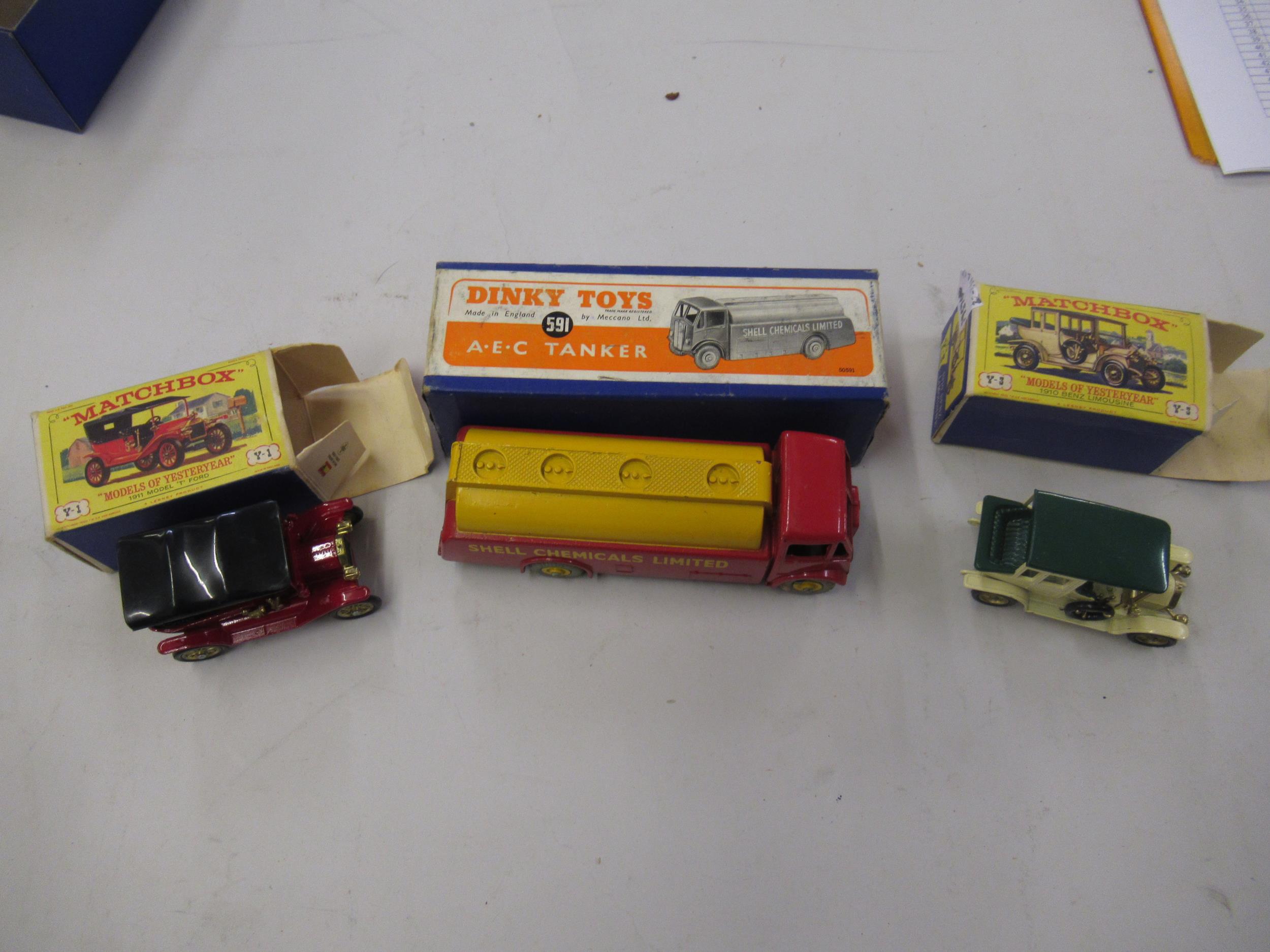 Boxed Dinky diecast metal AEC tanker, together with two boxed Matchbox models of Yesteryear