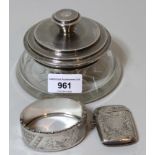 1930's Art Deco silver lidded and cut glass dressing table jar, silver bangle and a silver vesta