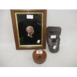 Small boxwood tureen dish, a soapstone porter and a silver plated coppered metal portrait of