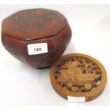 Chinese red lacquered box and cover, together with a small carved wooden plaque