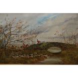 Late 19th / early 20th Century oil on canvas, hunting scene, 12ins x 20ins, gilt framed, together