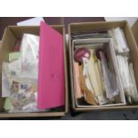 Two boxes containing a collection of World and Commonwealth stamps in packets and on album pages etc