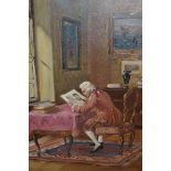 Hungarian School oil painting on canvas, interior scene with figure at a desk, signed Beroyis,